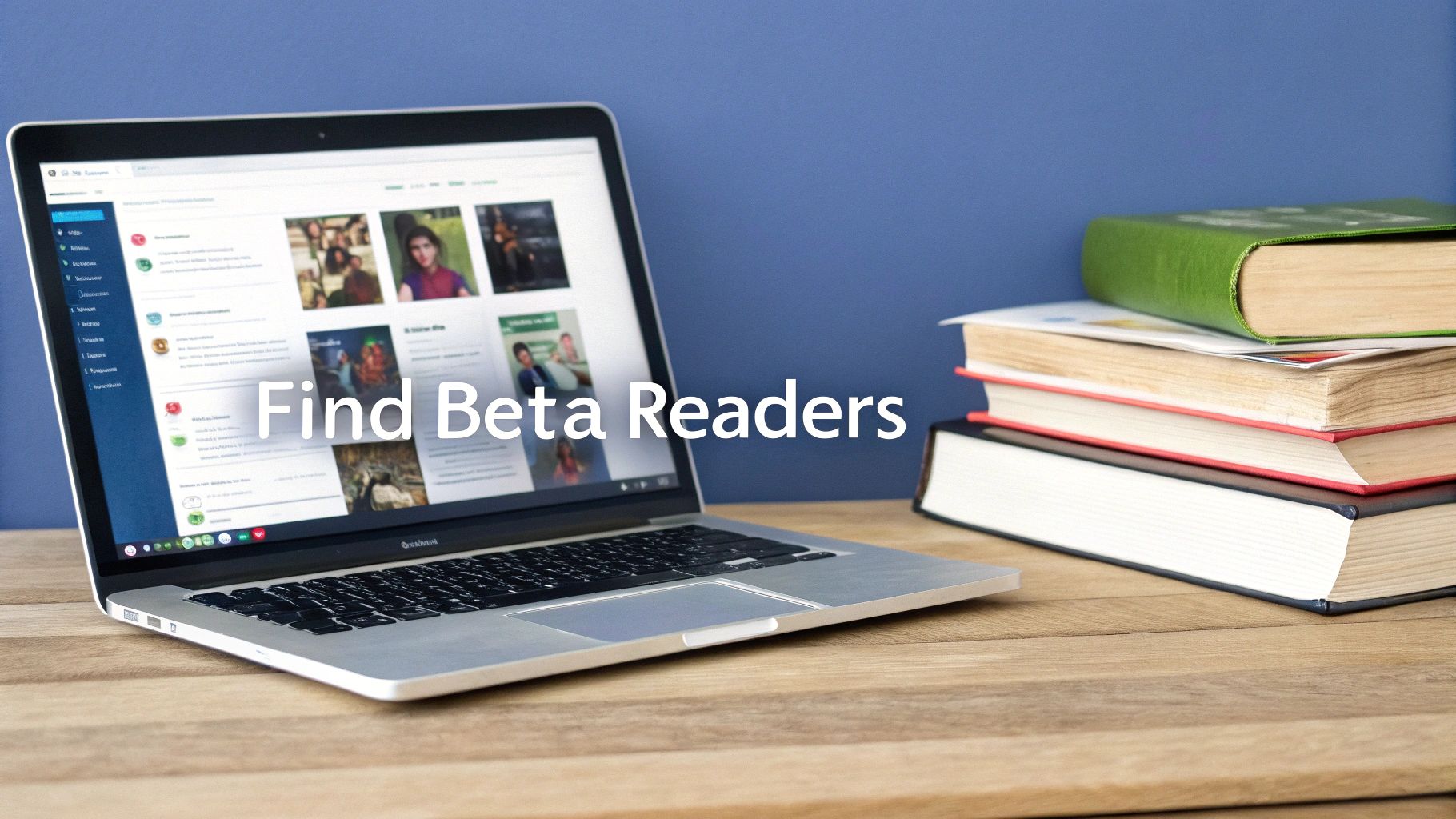 A person at a desk, surrounded by books of various genres, pointing at a computer screen showing community forums.