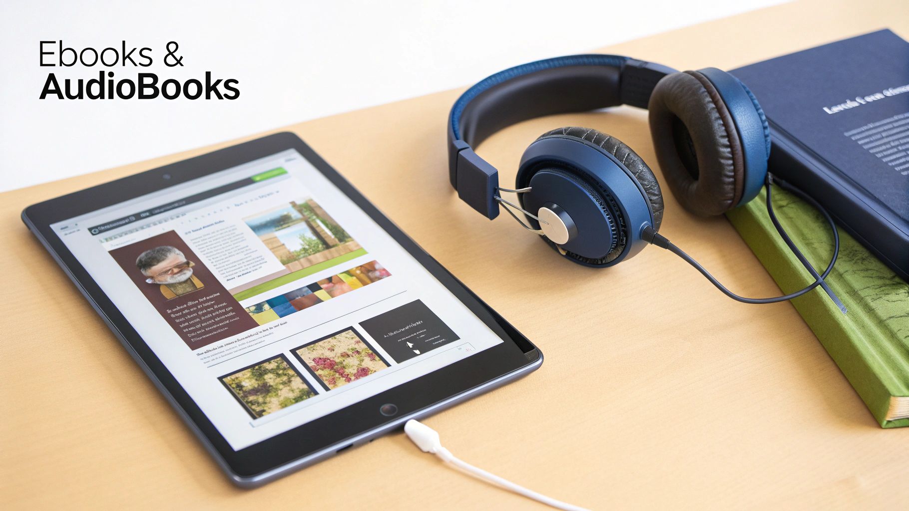A tablet with an article, blue headphones, and physical books on a desk, representing ebooks and audiobooks.