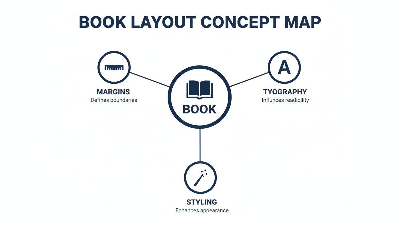A concept map illustrating key elements of book layout, including margins, typography, and styling.