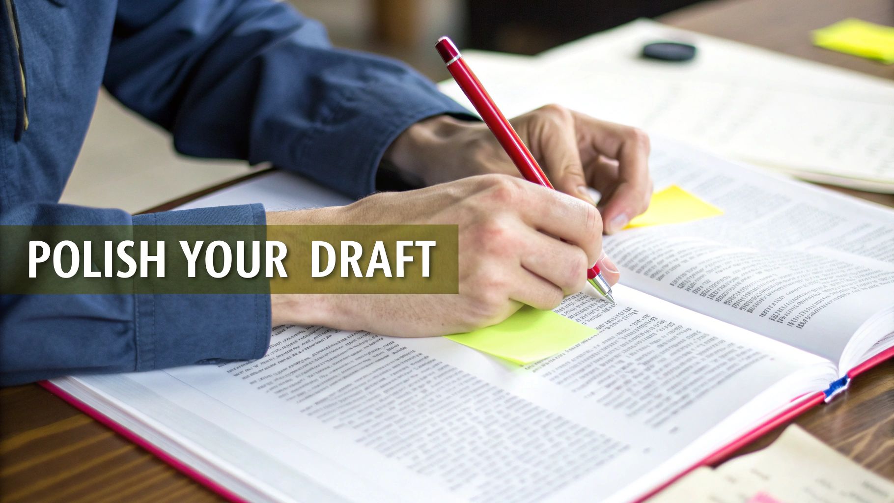 A person's hands with a red pen, writing notes on an open book, likely polishing a draft.