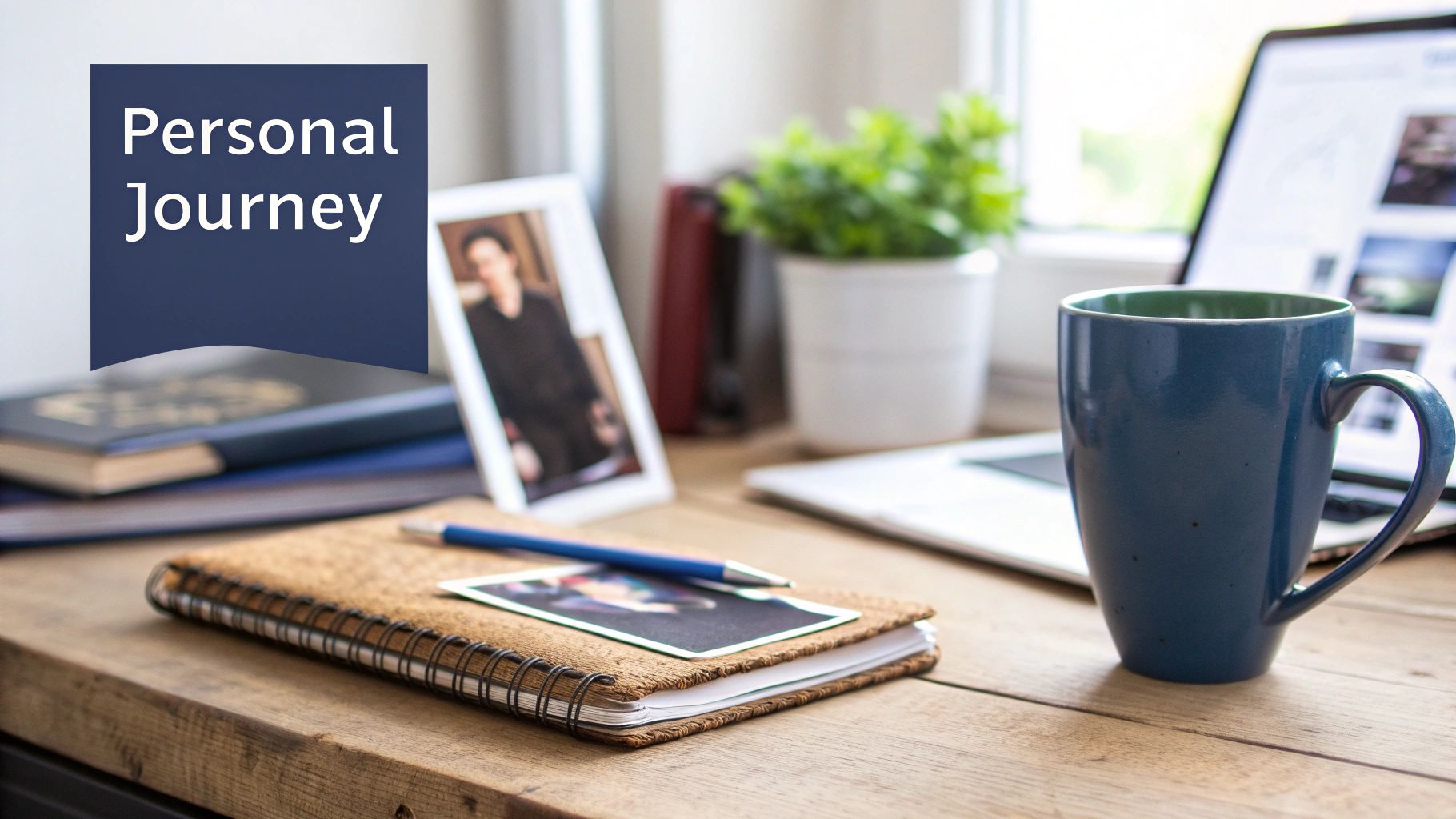 A desk setup with a notebook, pen, mug, laptop, and framed photos, featuring a 'Personal Journey' text overlay.