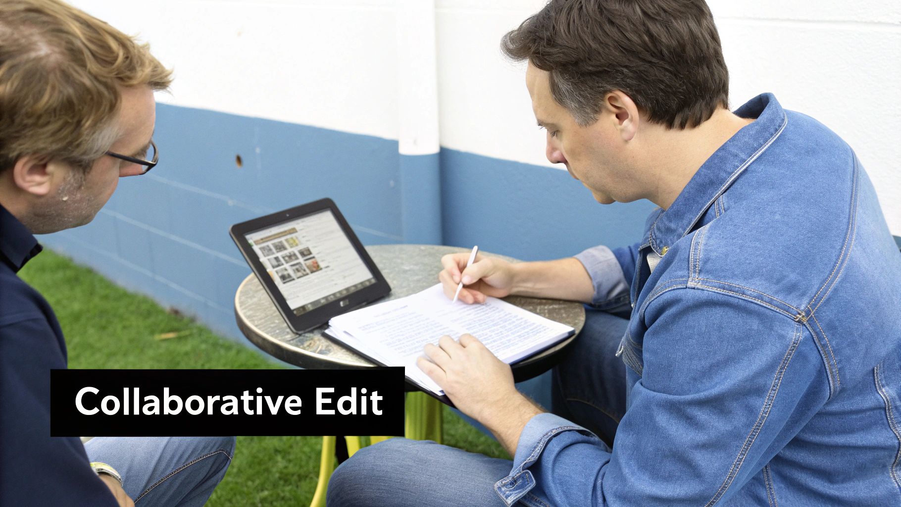 Two professional book editors collaboratively editing a manuscript using a tablet and paper.