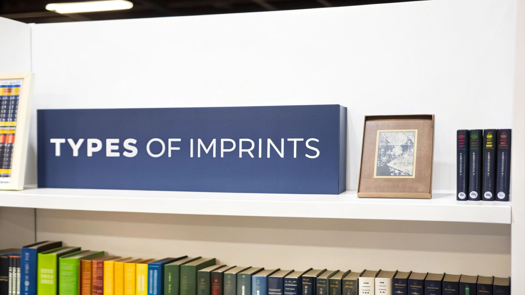 A white bookshelf with a blue sign displaying 'TYPES OF IMPRINTS' and colorful books.