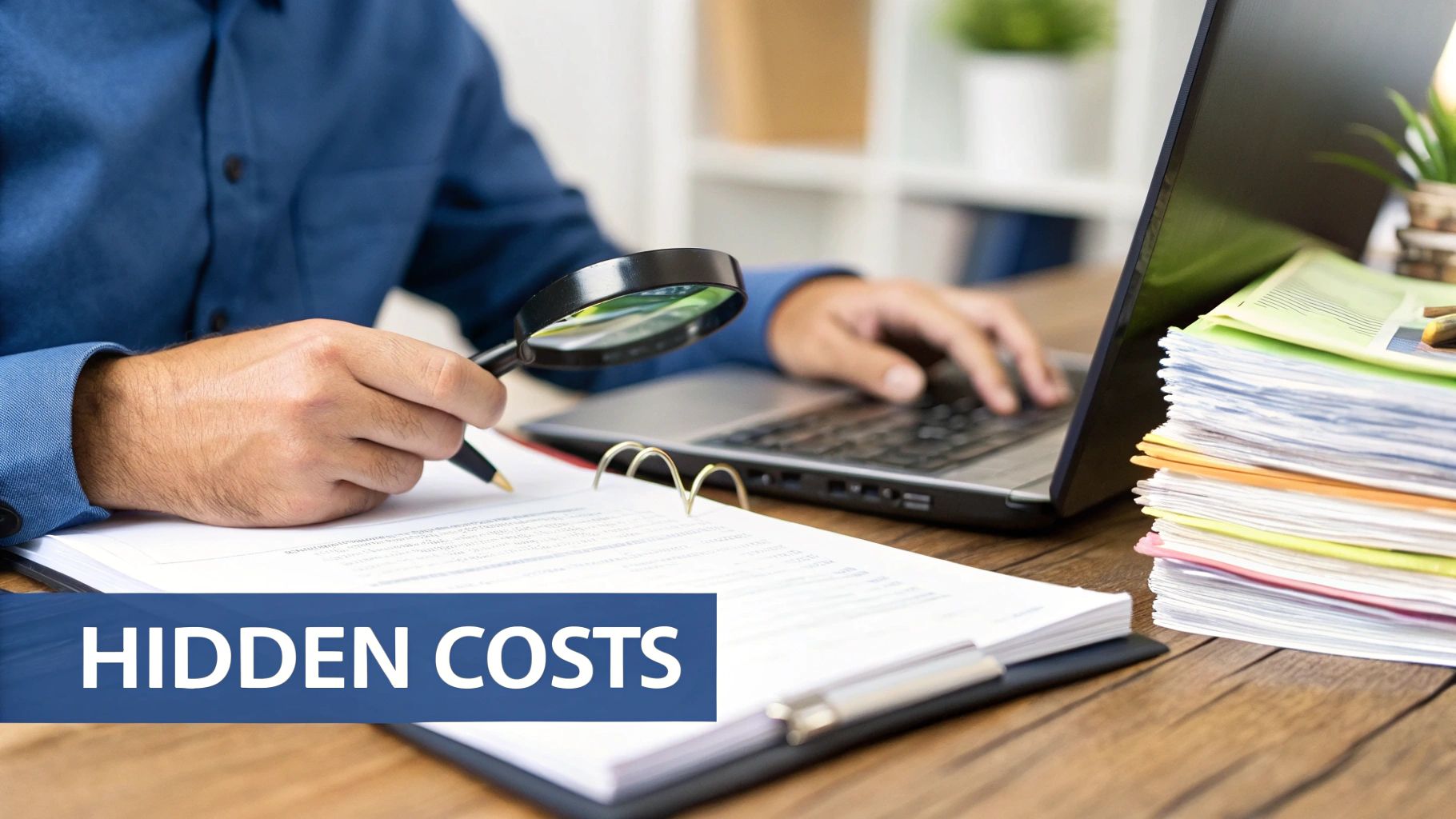 A person examines documents with a magnifying glass, pen, and laptop, searching for hidden costs.