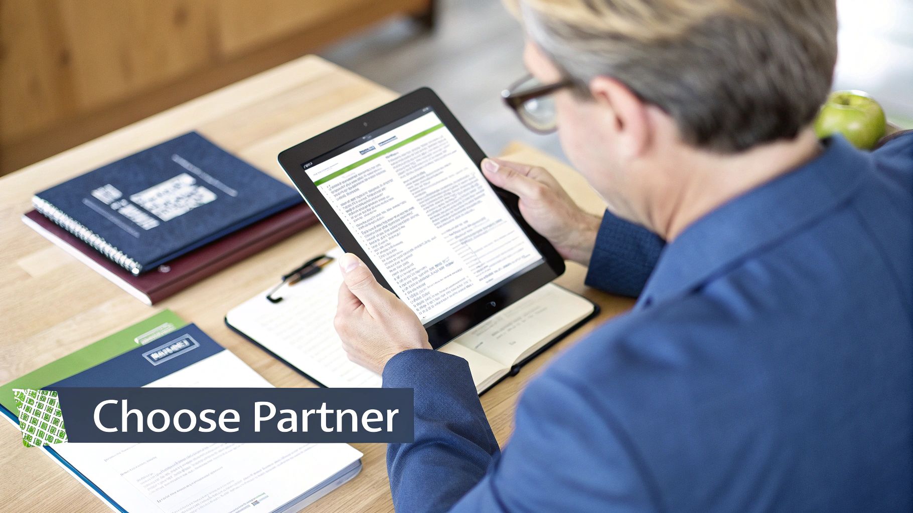 A man in a blue shirt reads a document on a tablet at a wooden desk with notebooks.