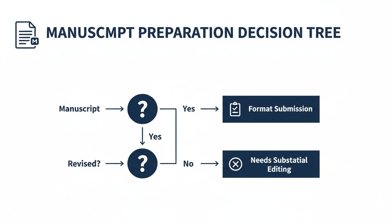 A flowchart decision tree illustrating the steps for manuscript preparation leading to submission or editing.