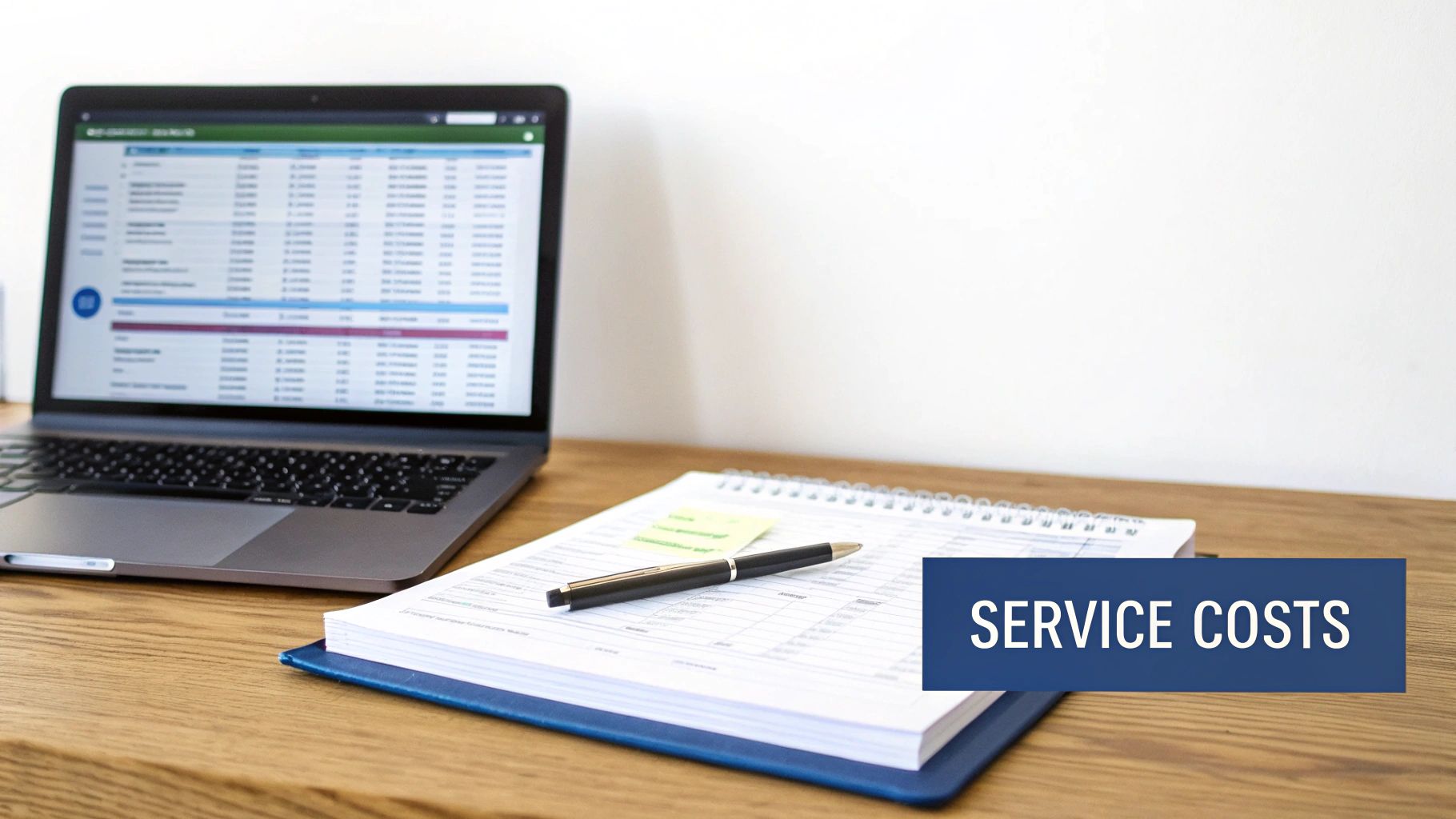 A laptop displaying a spreadsheet, a notebook, and a pen on a wooden desk, with 'SERVICE COSTS' text overlay.