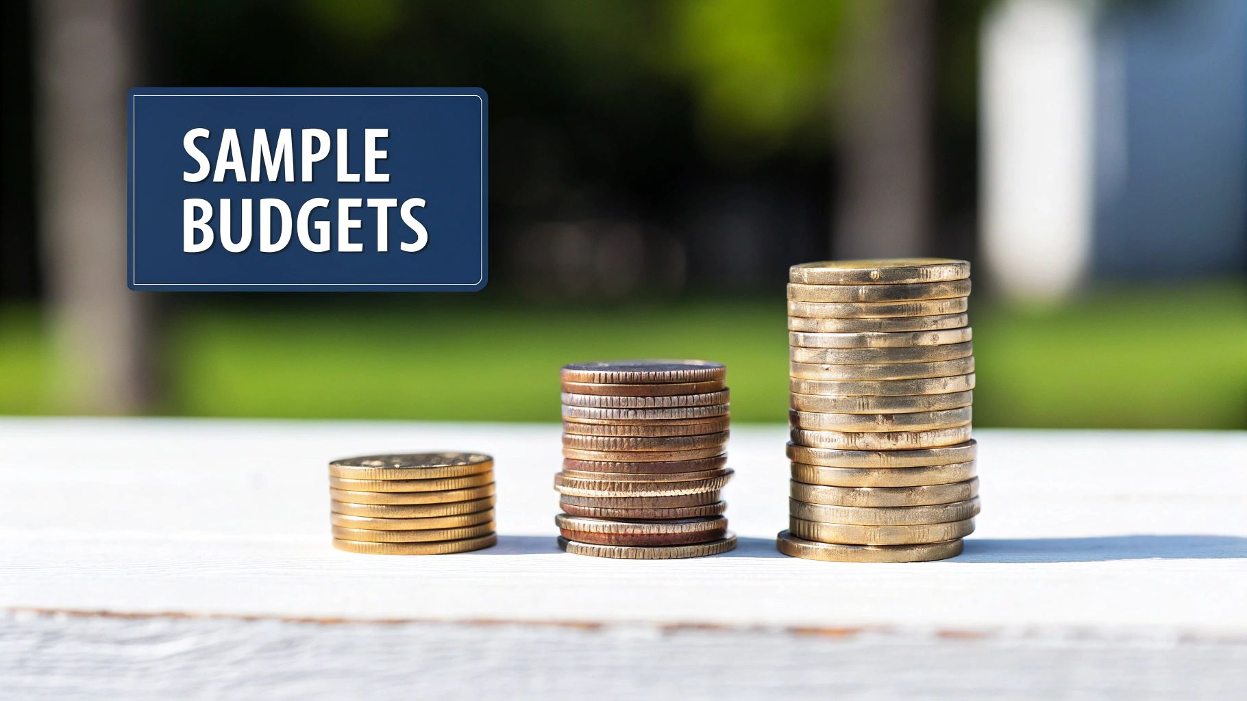 Three increasing stacks of coins representing different budget levels, with 'SAMPLE BUDGETS' text.