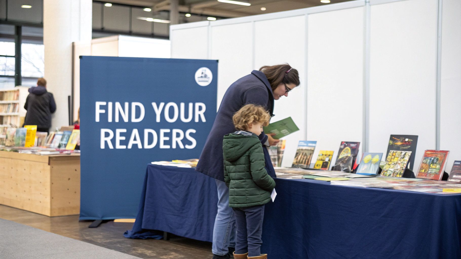 A mother and child browse books displayed on a table at a literary event or book fair.