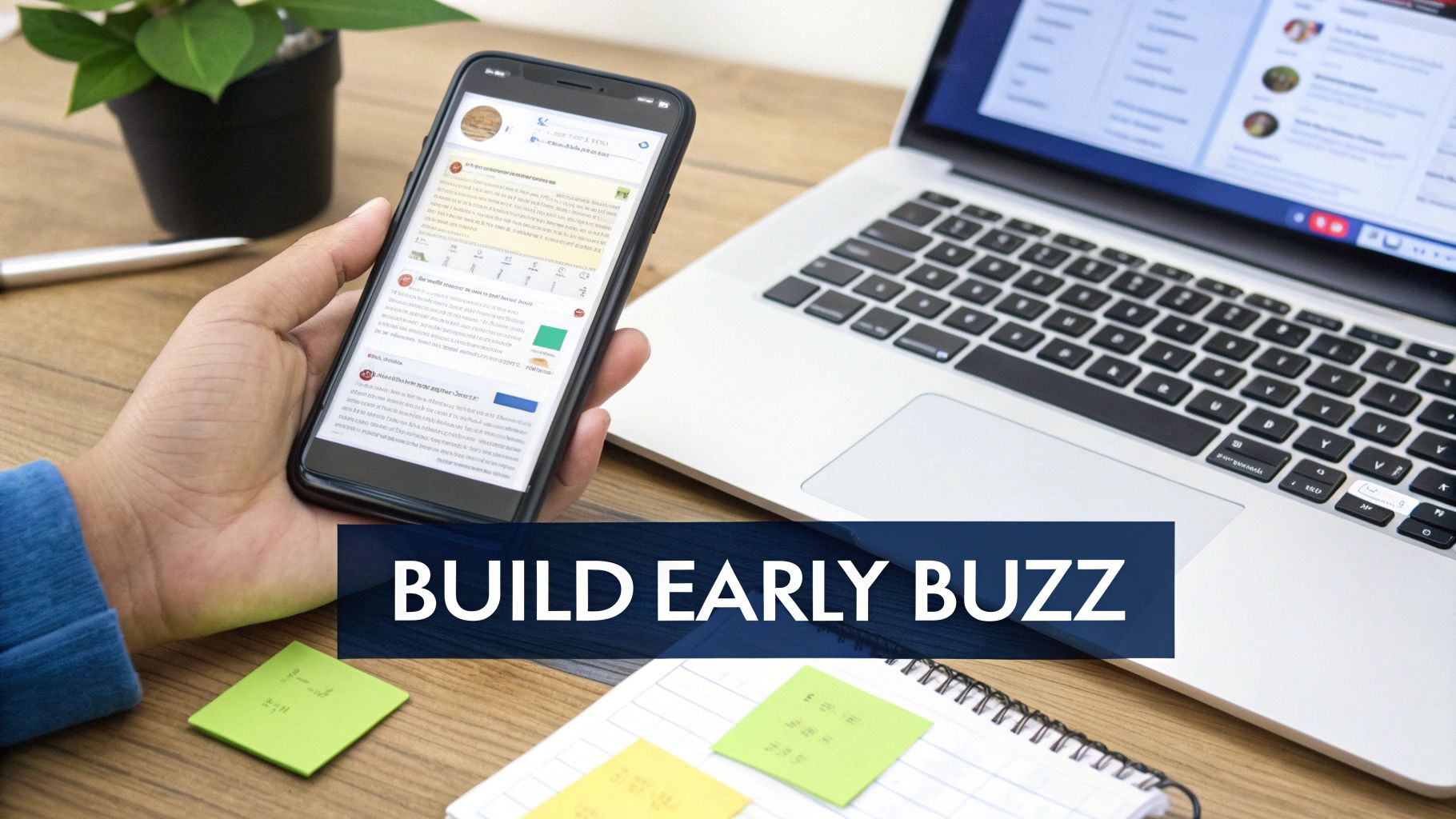 A person creating a marketing plan for a book launch, with social media icons and charts around them.