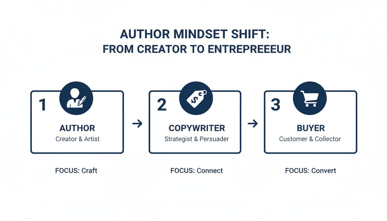 Diagram illustrating the author mindset shift from creator to entrepreneur, showing roles and focus areas.