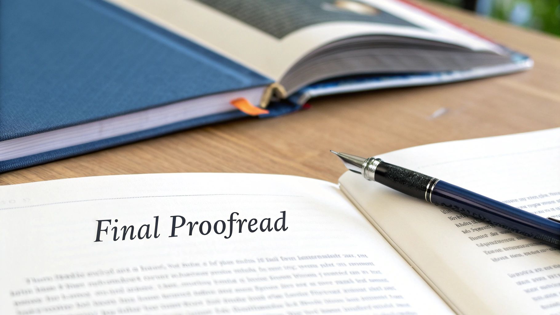 A fountain pen rests on an open book displaying 'Final Proofread', with another book open in the background.