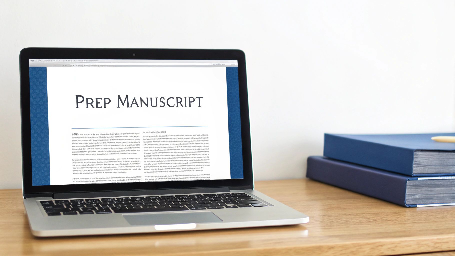 Laptop displaying prep manuscript document on screen with stacked blue books beside it on wooden desk