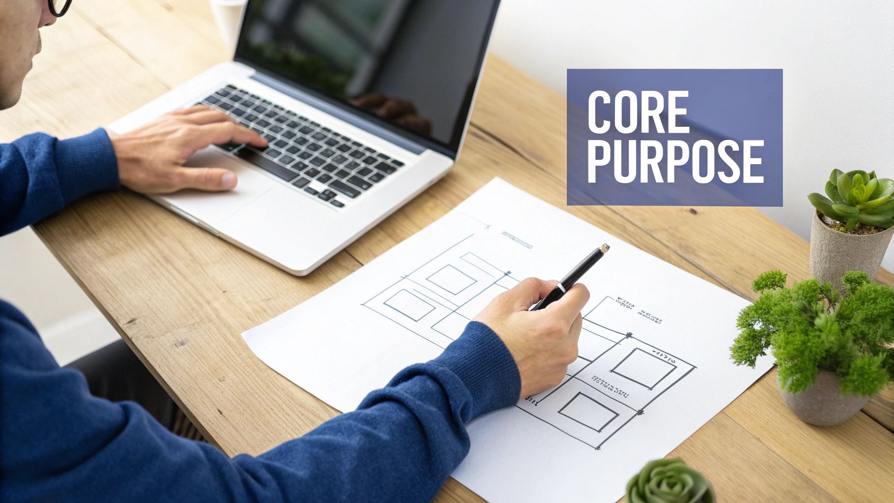 A person working on a laptop and sketching website wireframes with a pen, with 'CORE PURPOSE' text overlay.