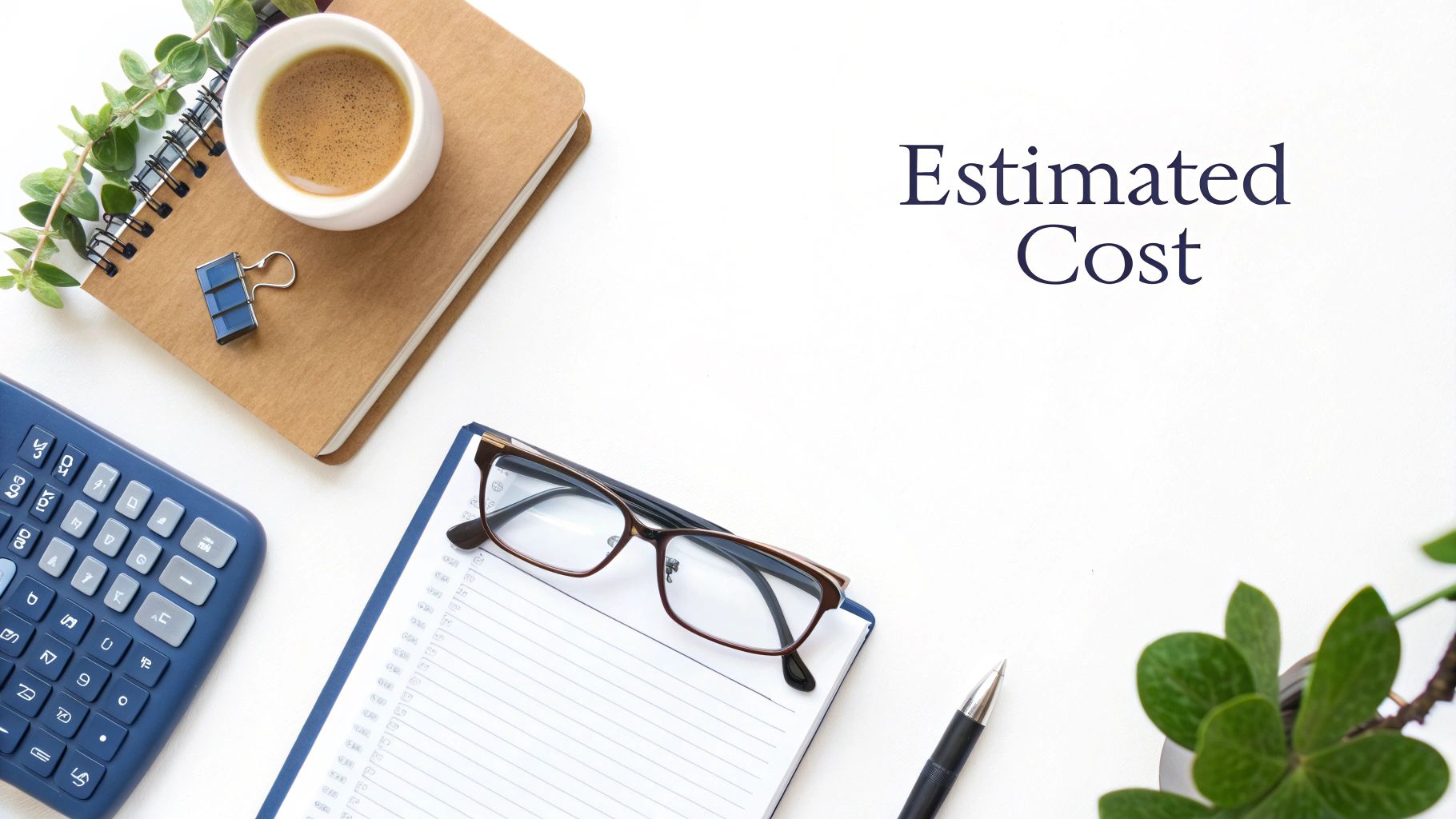 Desk flat lay with a calculator, notebooks, coffee cup, glasses, and 'Estimated Cost' text on a white background.