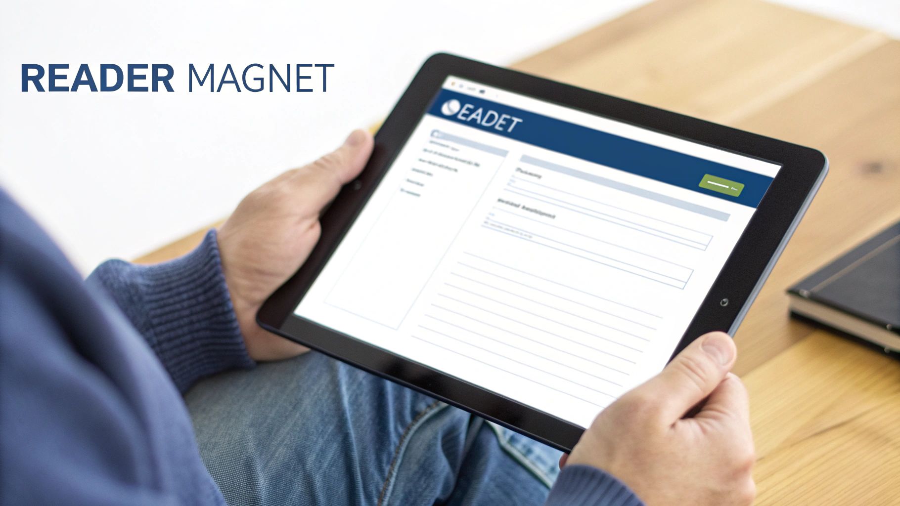 A person holds a black tablet showing an EADET webpage and the text 'READER MAGNET'.