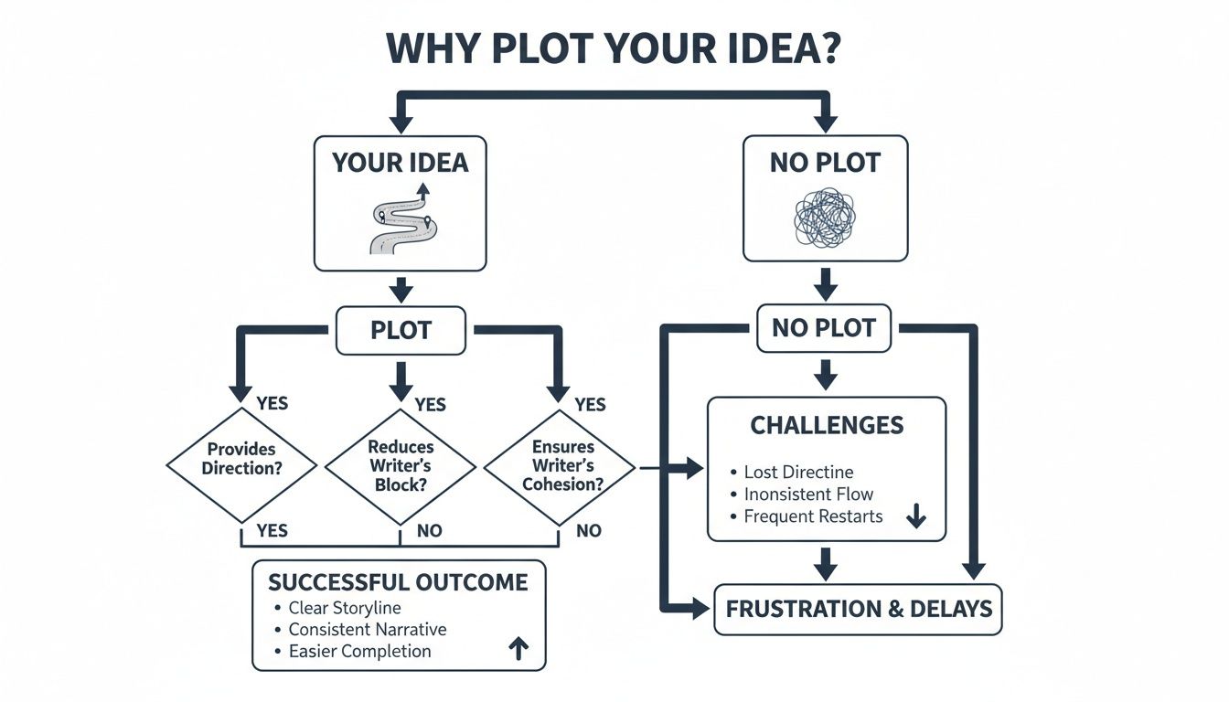 Flowchart illustrating the benefits of plotting an idea for a successful outcome versus challenges without a plot.
