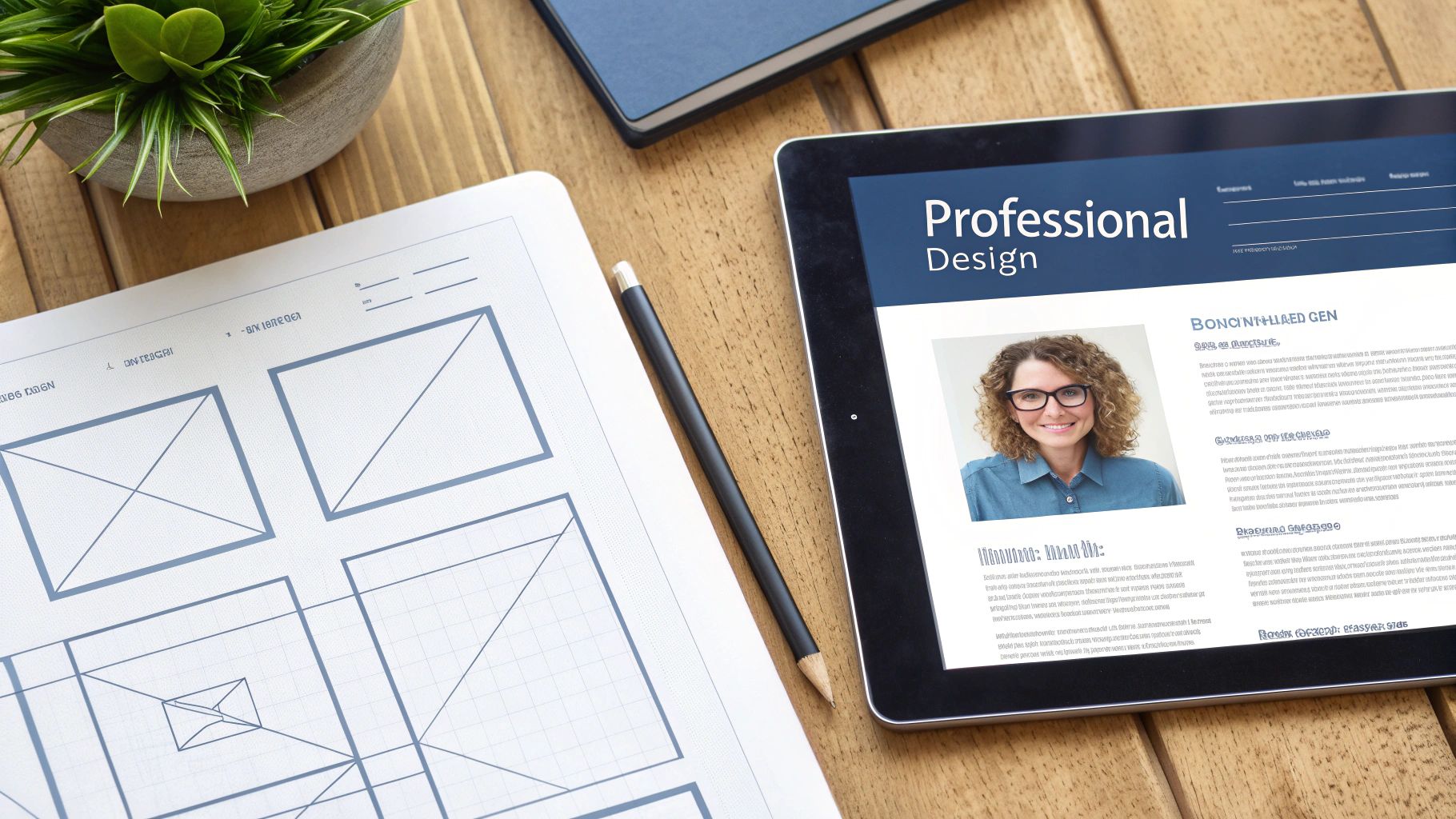 A top-down view of a tablet displaying a professional design portfolio, next to paper wireframes and a pencil on a wooden desk.