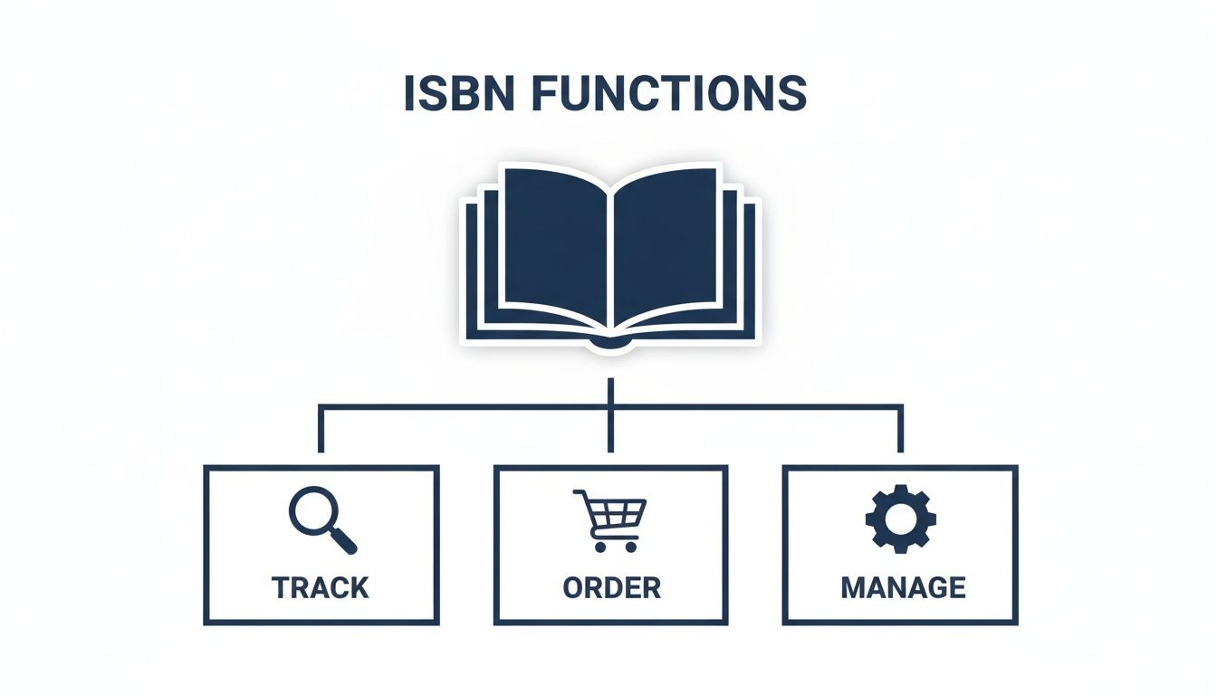 A diagram illustrating ISBN functions: track, order, and manage, represented by a book and icons.