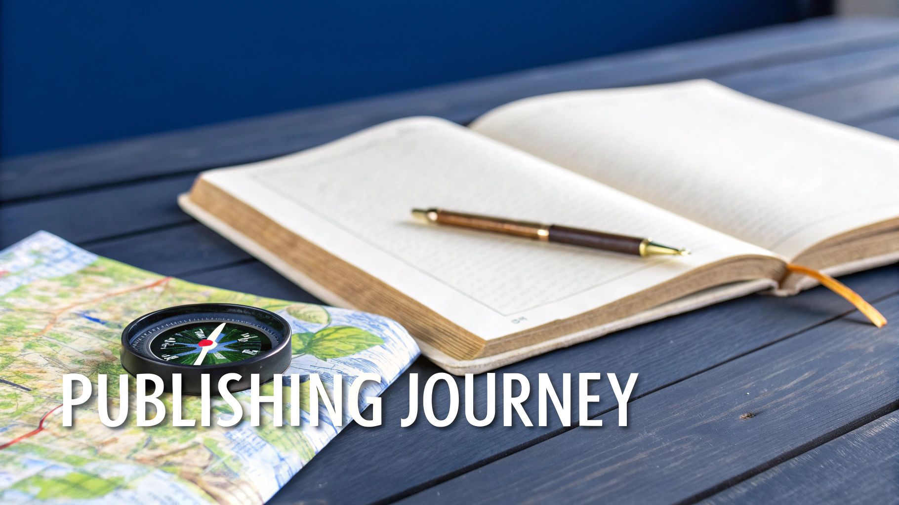 Open notebook with pen, compass and map on wooden table representing publishing journey planning