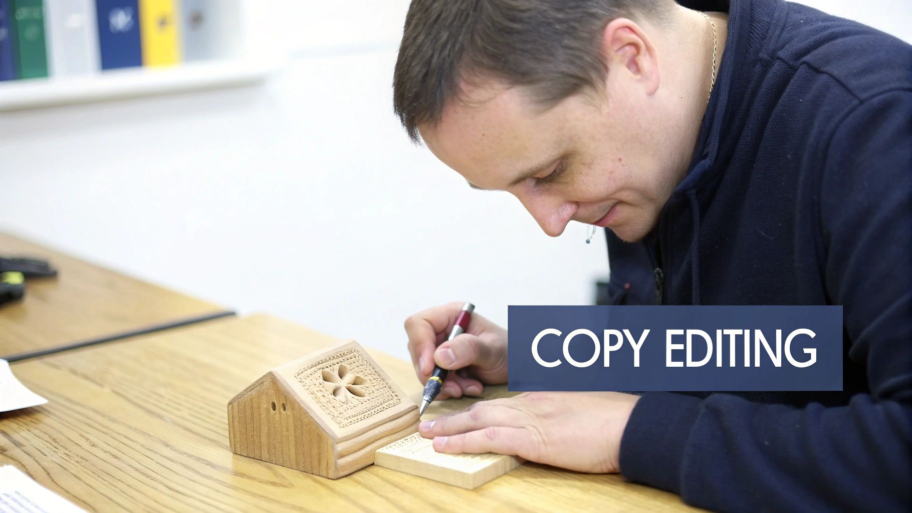 A man intently carves a small wooden box with a pencil-like tool on a wooden table, showcasing craftsmanship.