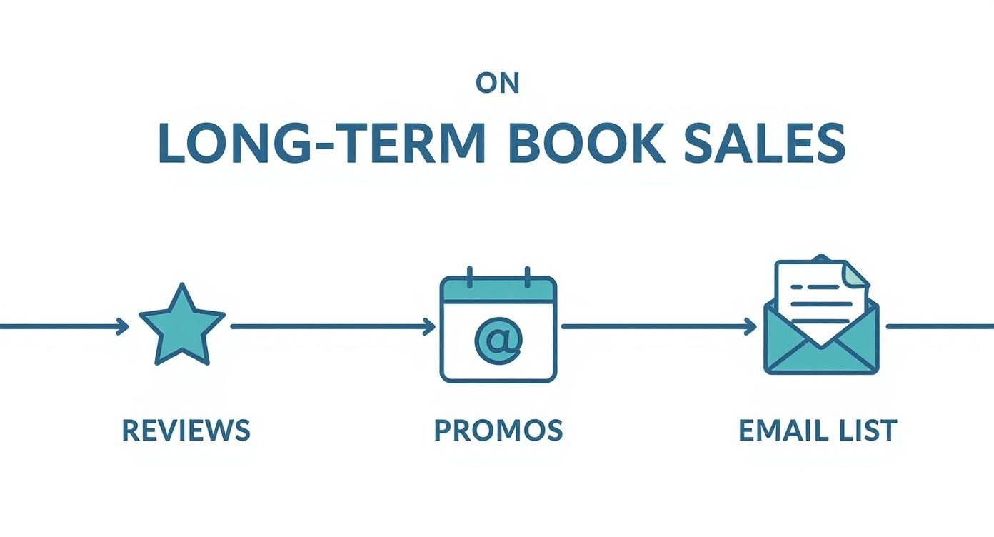 A flow chart illustrating how reviews, promos, and email lists contribute to long-term book sales.