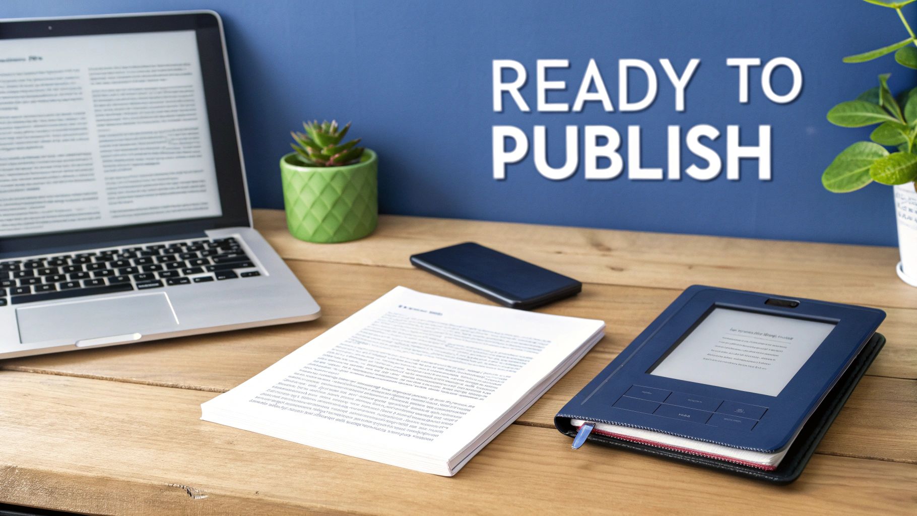 A desk with a laptop, documents, smartphone, and e-reader, indicating content ready for publication.