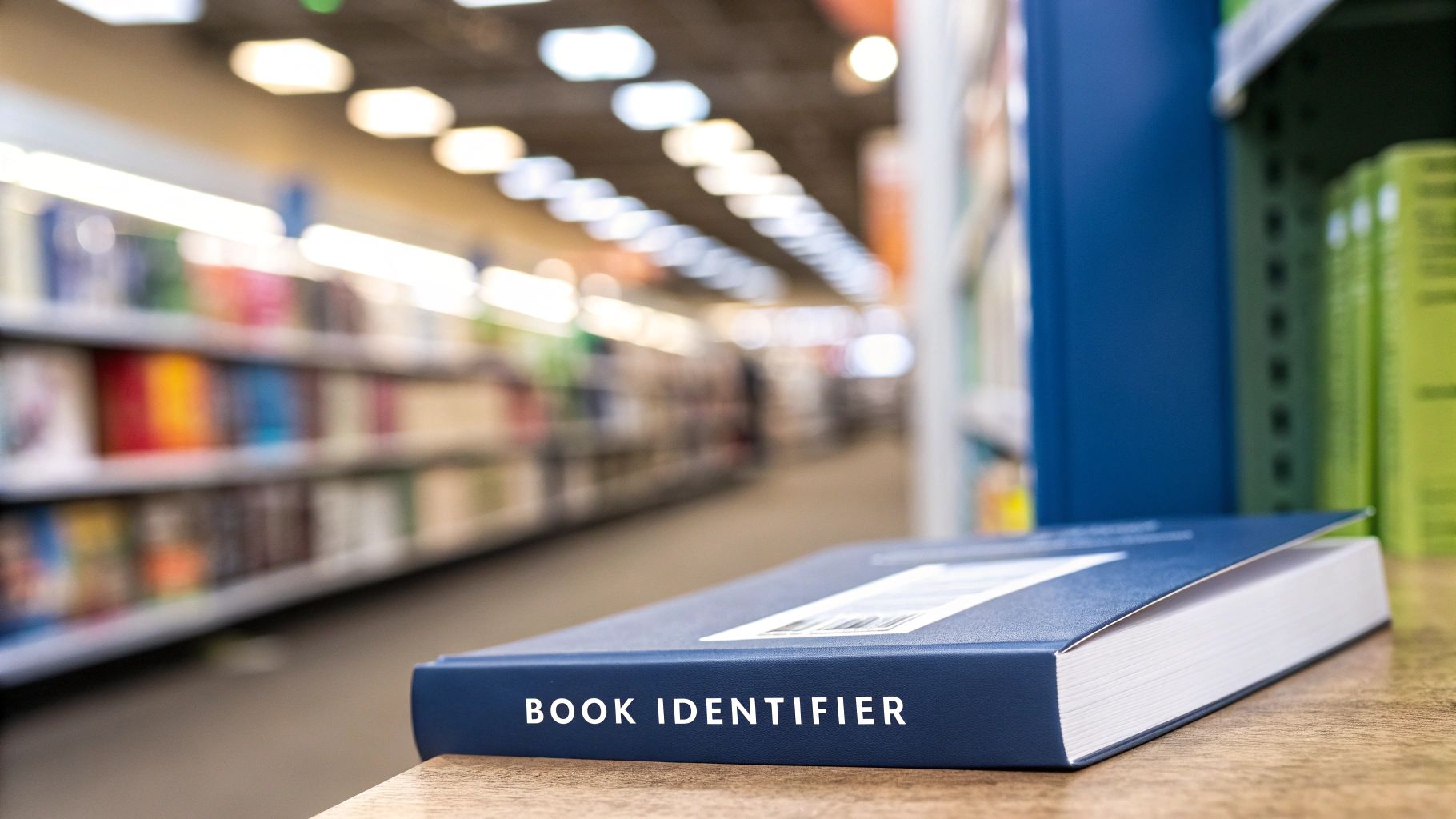A blue book with 'BOOK IDENTIFIER' on its spine rests on a table in a blurry bookstore.