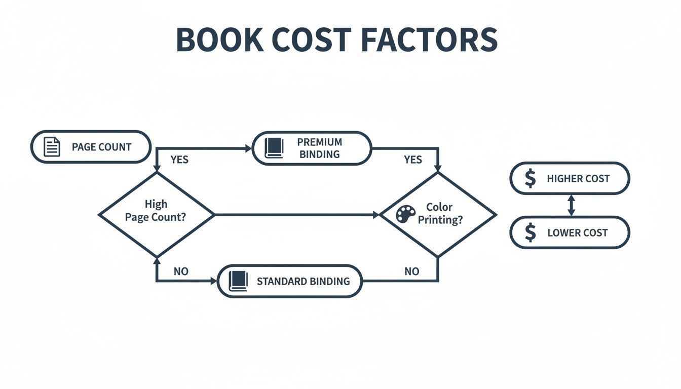 Flowchart illustrating book cost factors including page count, binding type, and color printing decisions.
