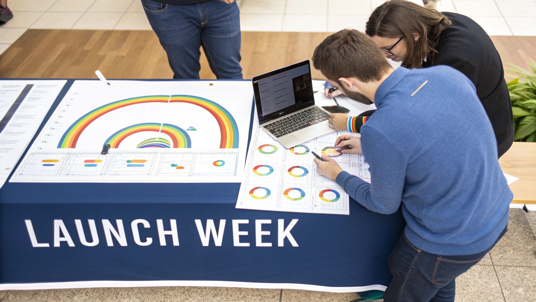 Attendees at a 'Launch Week' event discuss colorful charts, graphs, and a laptop on a table.