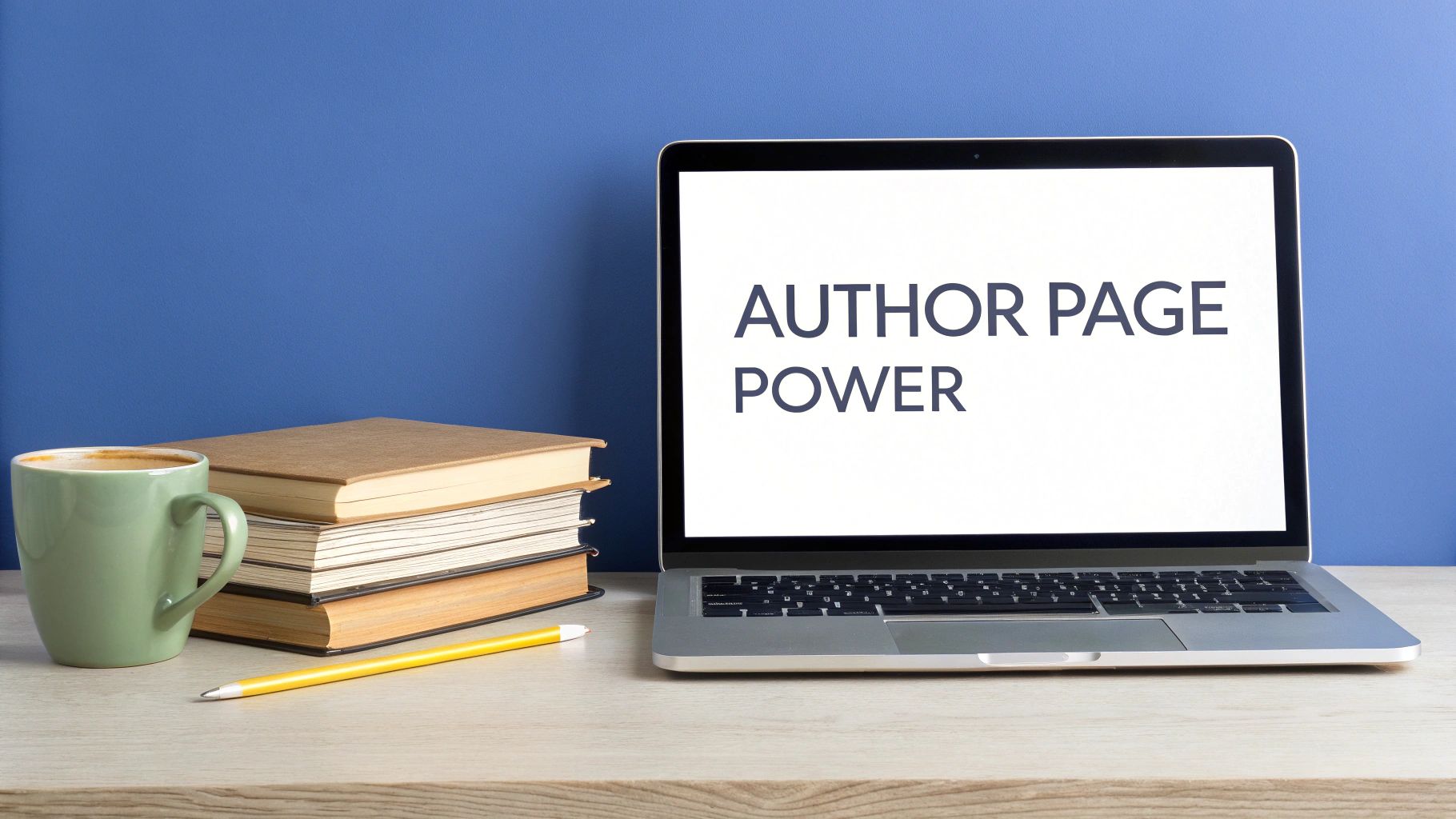 Laptop displaying 'AUTHOR PAGE POWER' next to books, a coffee mug, and a pencil on a wooden desk.