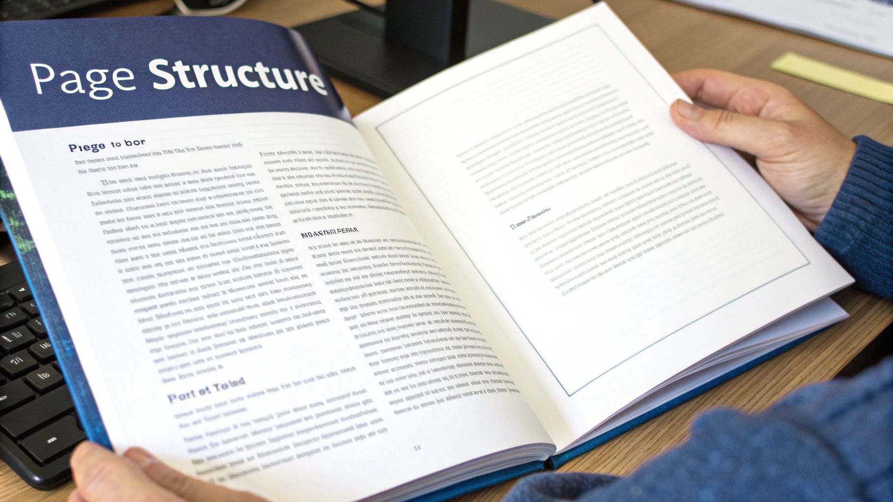 Close-up of a person holding an open book with 'Page Structure' title on the left page.