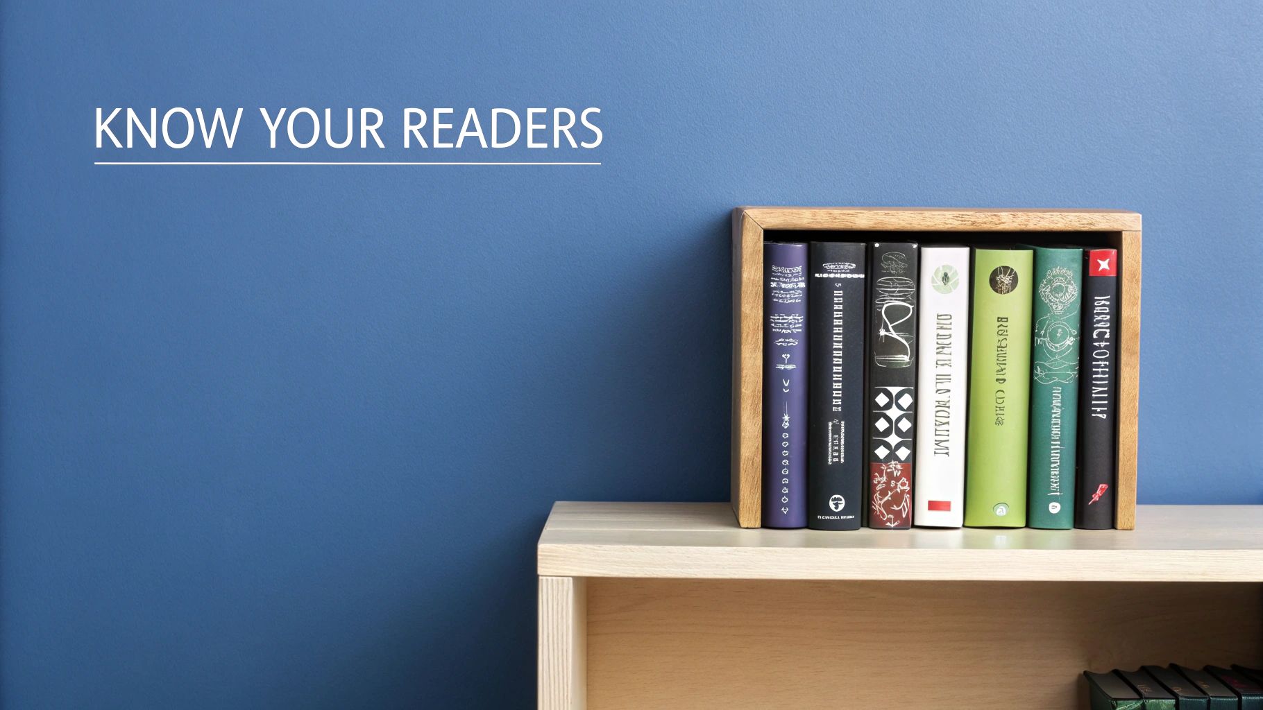 White text 'KNOW YOUR READERS' on a blue wall above a wooden shelf with several books.