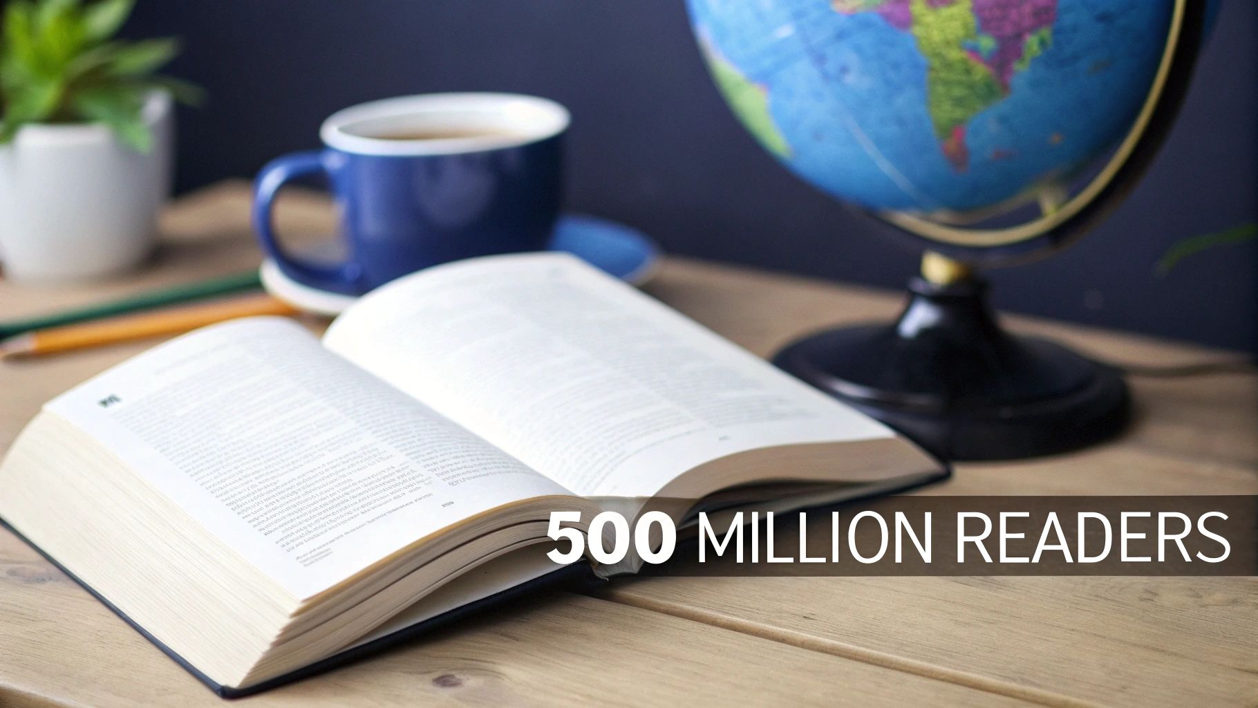 An open book, coffee mug, globe, and plant on a wooden desk with '500 MILLION READERS' text.