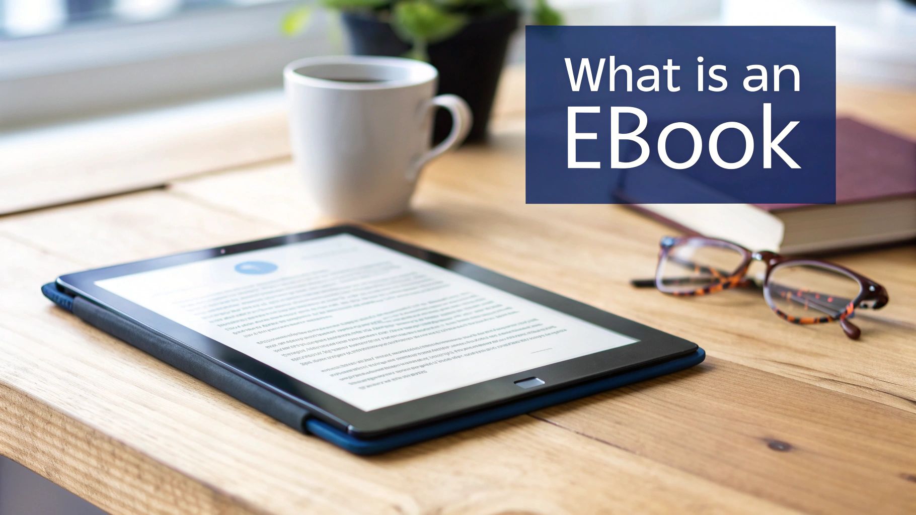An eBook reader on a wooden table with coffee, eyeglasses, and a book, asking 'What is an EBook?'