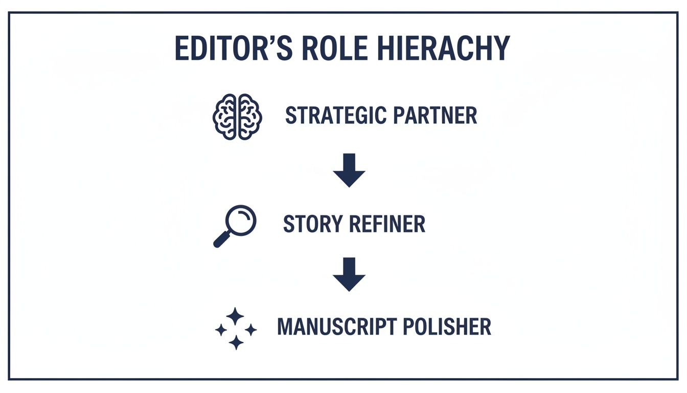 Visual hierarchy showing editor's roles: strategic partner, story refiner, and manuscript polisher.