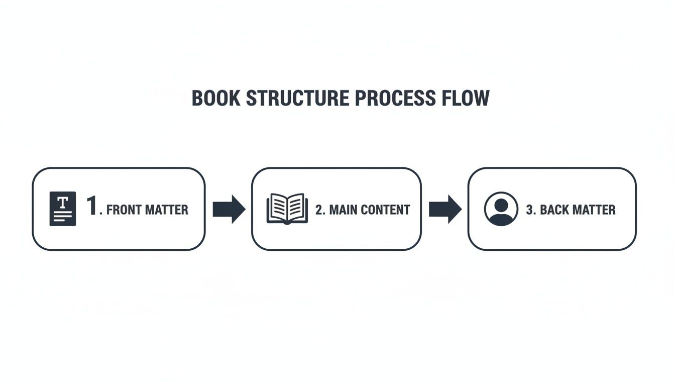 A flow chart illustrating the three main parts of a book's structure: front matter, main content, and back matter.