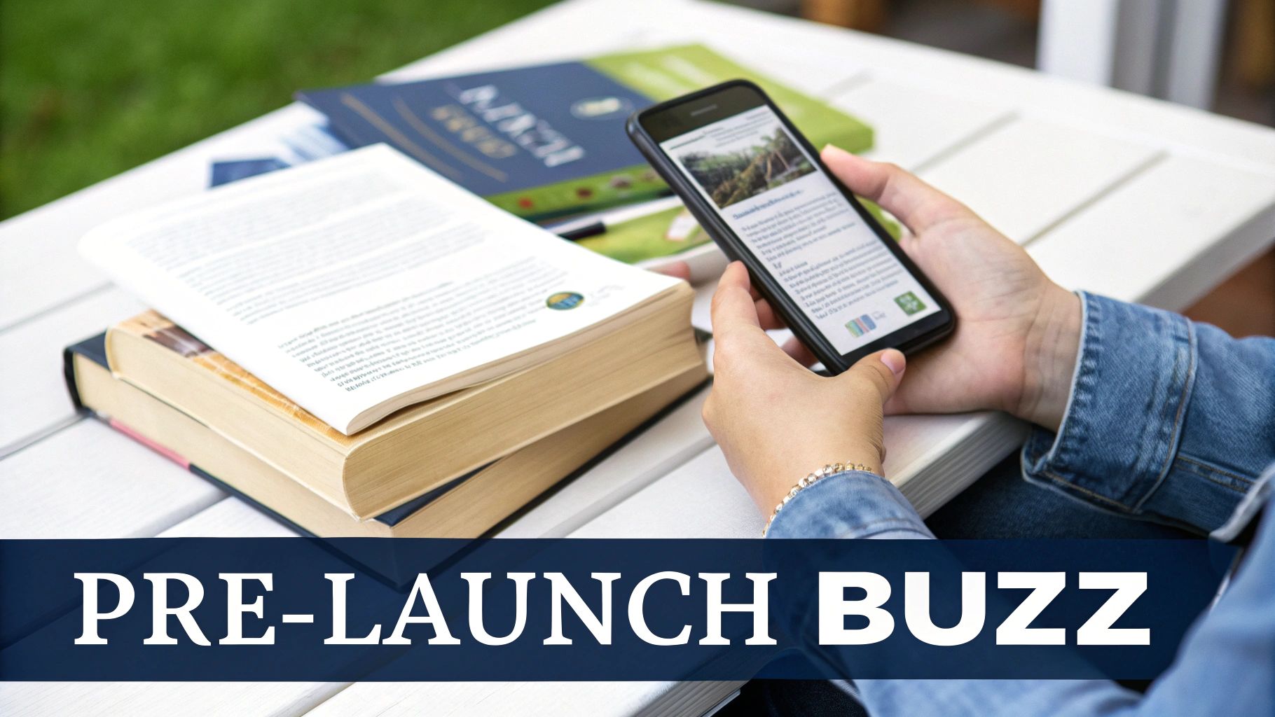 A person reads an article on a smartphone, with books stacked on a white table outdoors.
