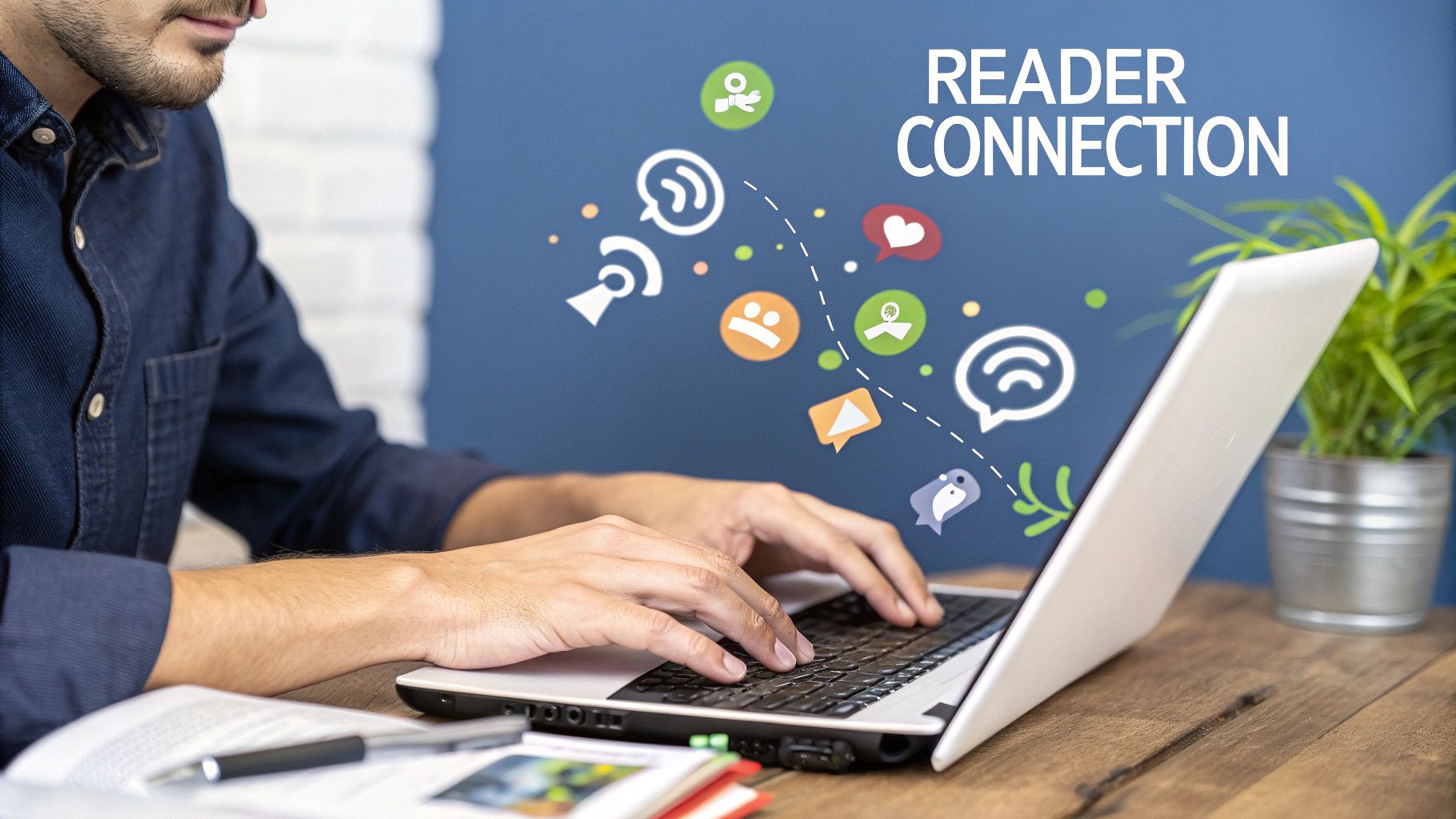 A visual representation of an author connecting directly with their readers through various digital channels, emphasizing community and engagement.