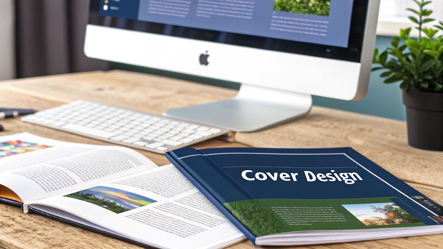 A modern workspace with an Apple iMac, keyboard, an open book, and a 'Cover Design' book.