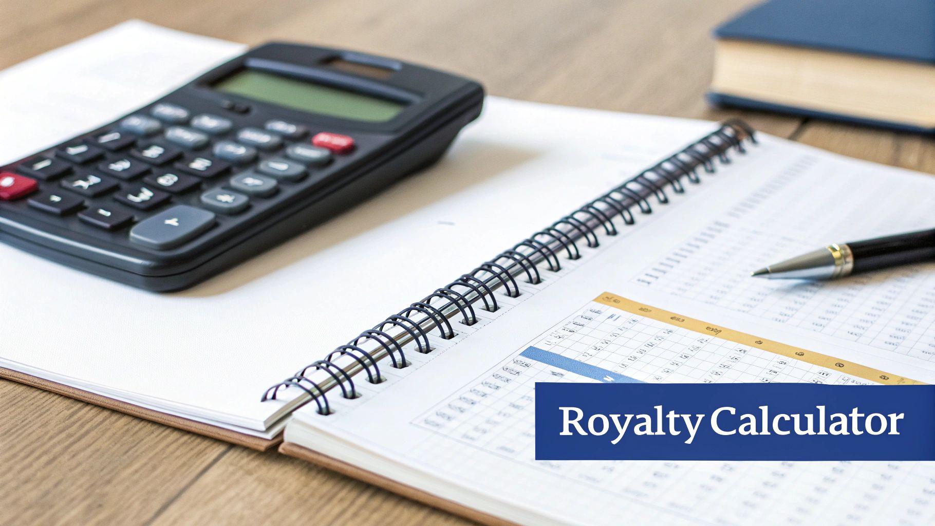 A calculator, pen, and open notebook on a wooden desk with a 'Royalty Calculator' banner.
