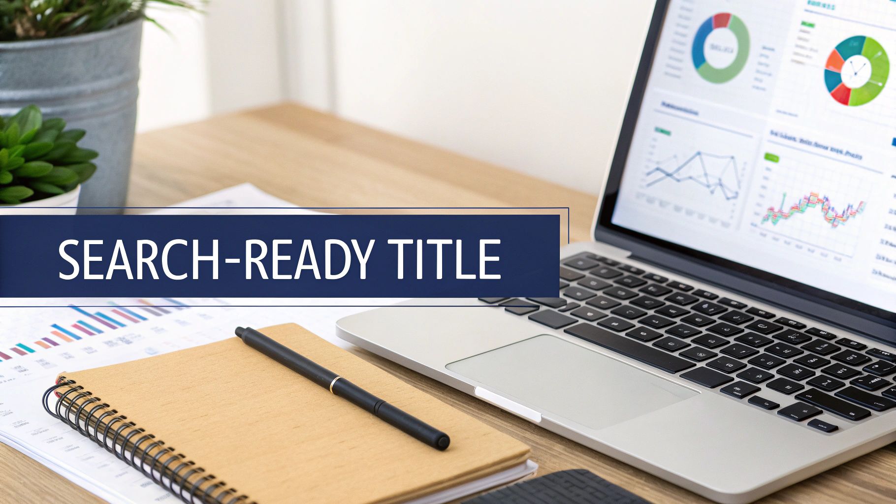 A workspace featuring a laptop with data analytics, a notebook, pen, and a plant, promoting a 'SEARCH-READY TITLE'.
