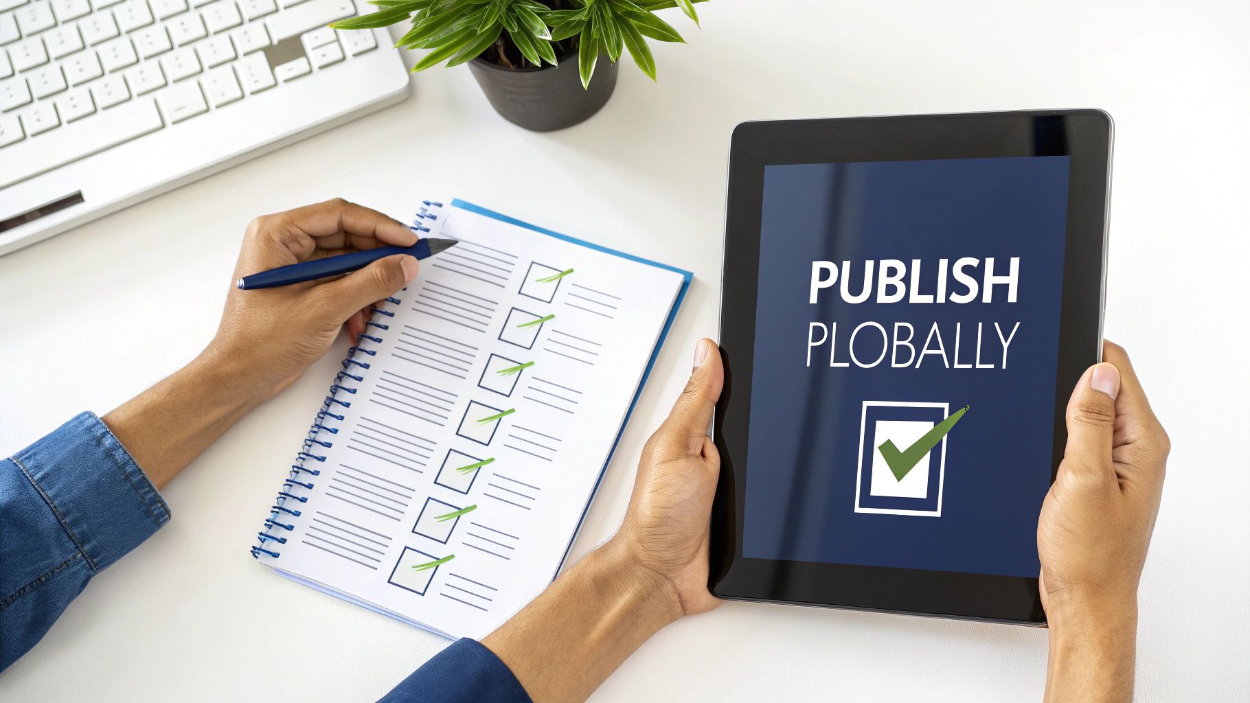 Person checking off a to-do list in a notebook and holding a tablet displaying 'Publish Globally'.
