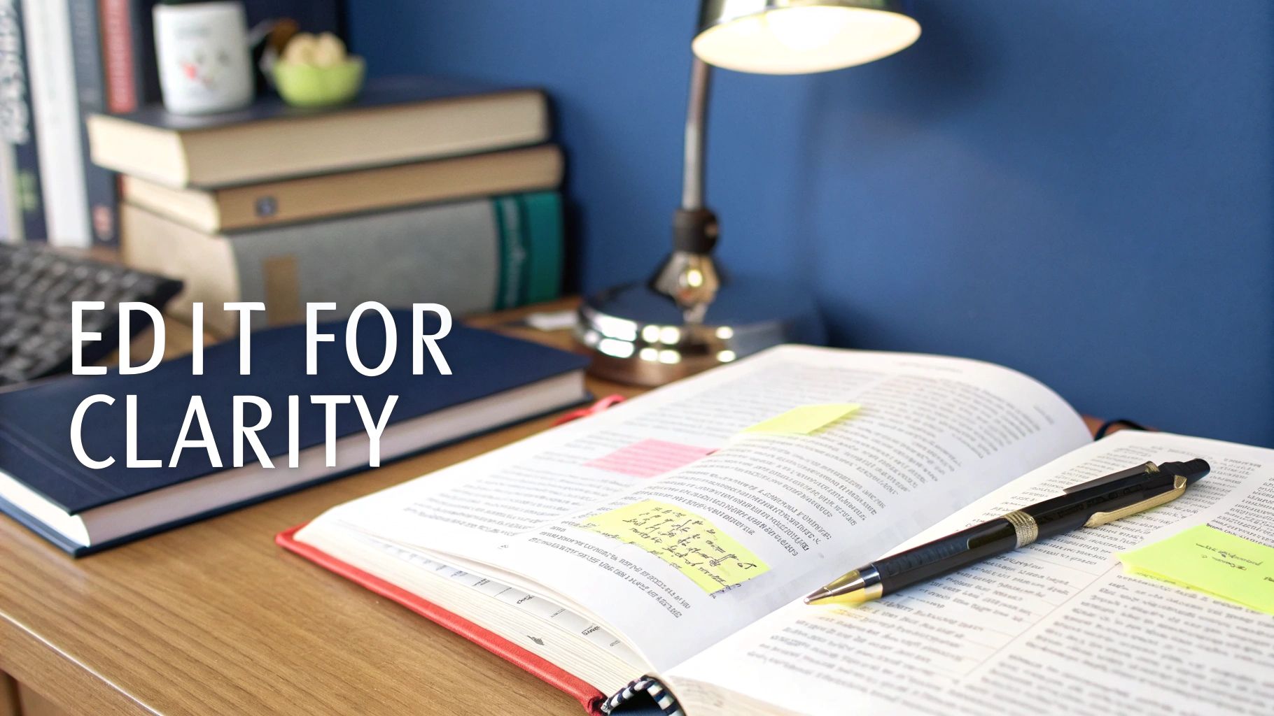 A well-lit desk with an open book, sticky notes, and a pen, suggesting focused study or writing.