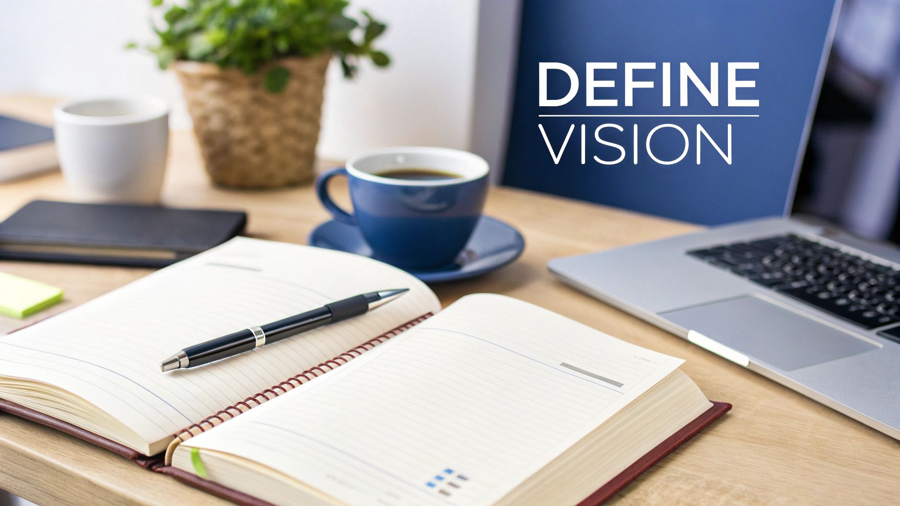 An organized desk with an open notebook, pen, coffee, laptop, and 'DEFINE VISION' on a blue board.