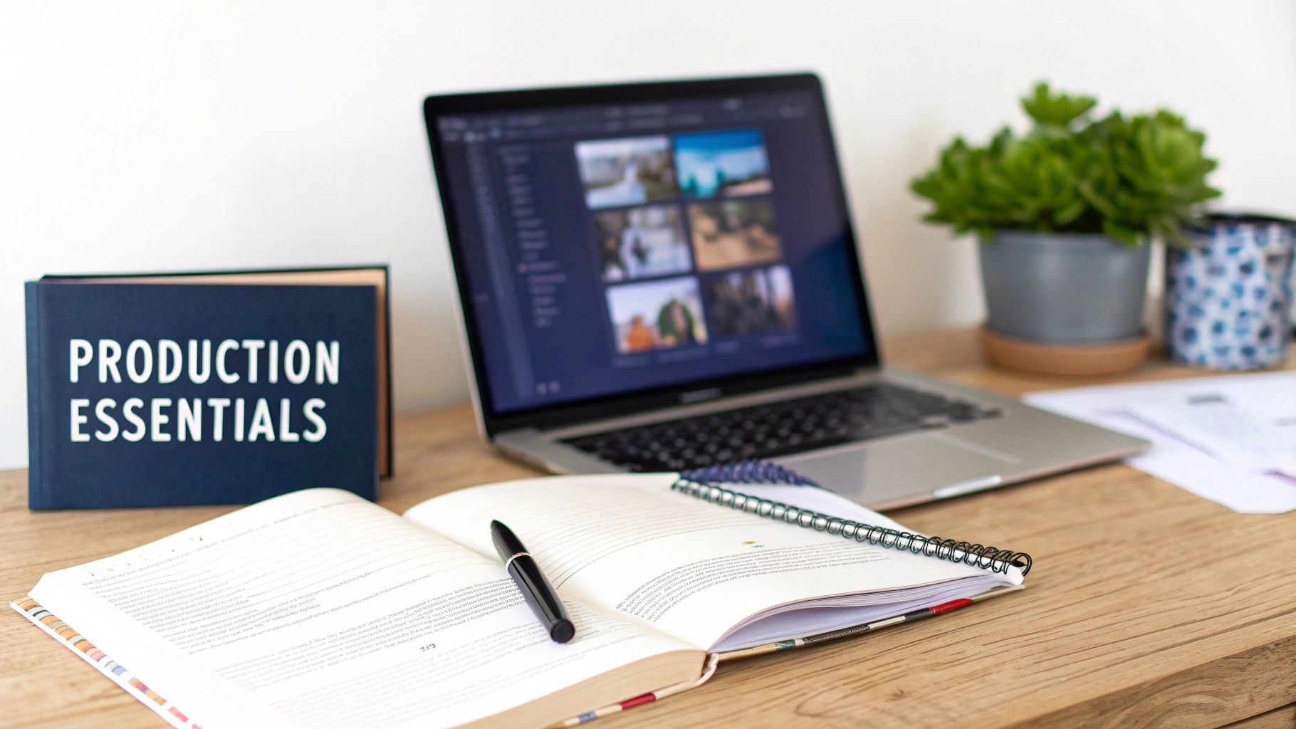 An organized desk setup for production and studying, featuring books, a laptop, and a plant.
