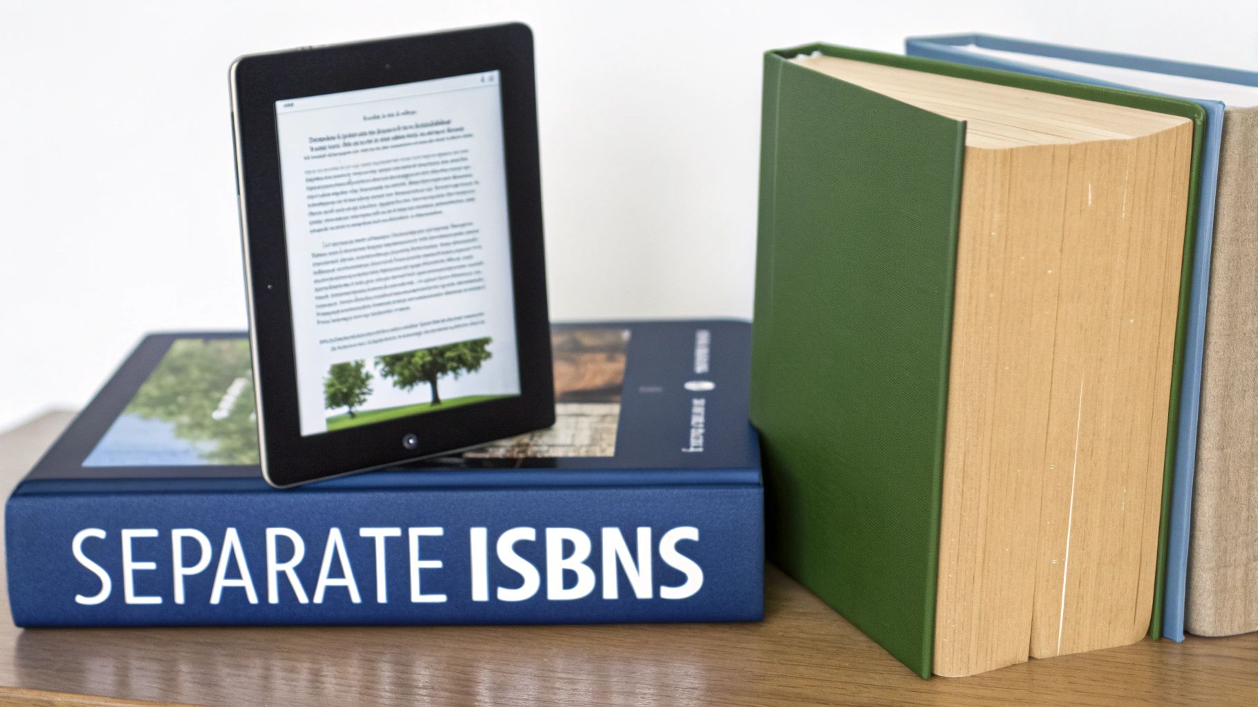 An ebook reader displaying text and trees rests on a book labeled 'Separate ISBNs', next to other physical books.
