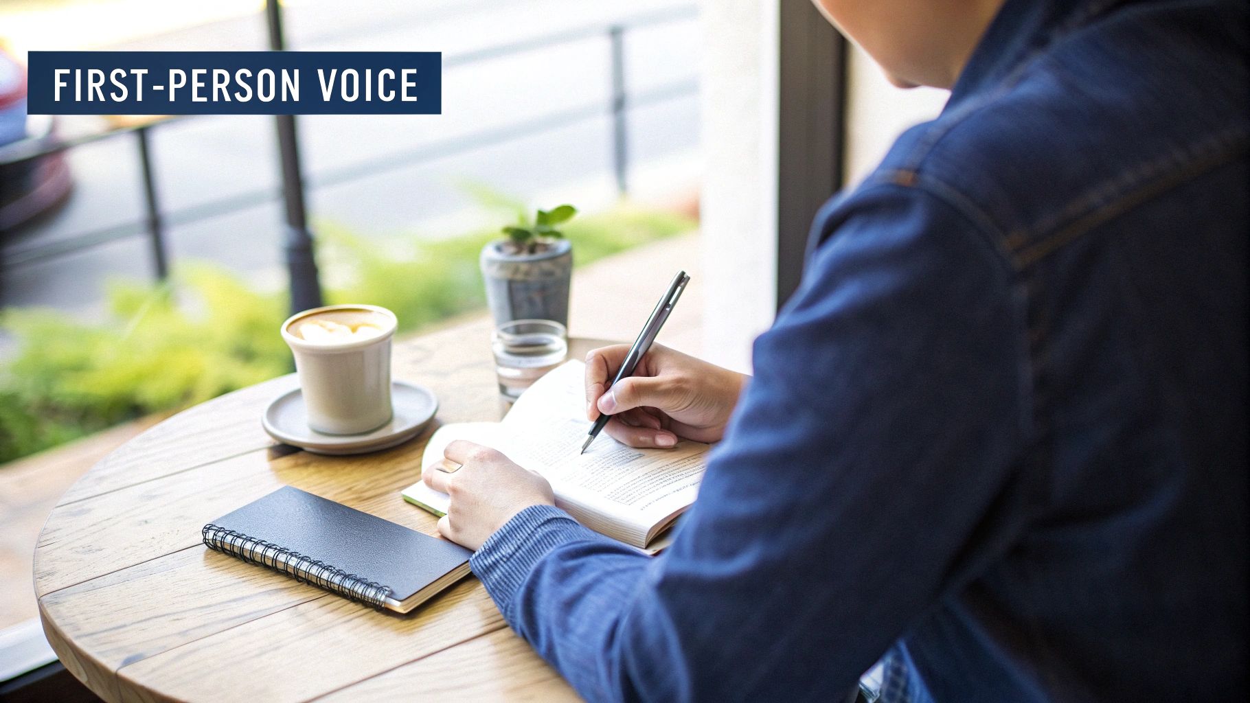 Person in a blue denim shirt writing in a book at a wooden cafe table with coffee.