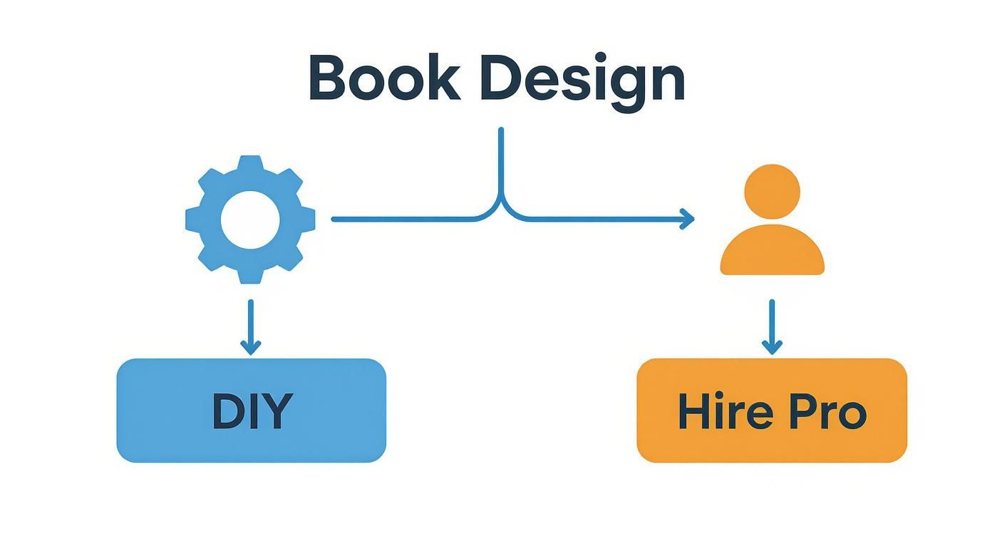 Diagram illustrating two paths for book design: DIY (Do It Yourself) represented by a gear, or Hire Pro (Hire Professional) represented by a person icon.