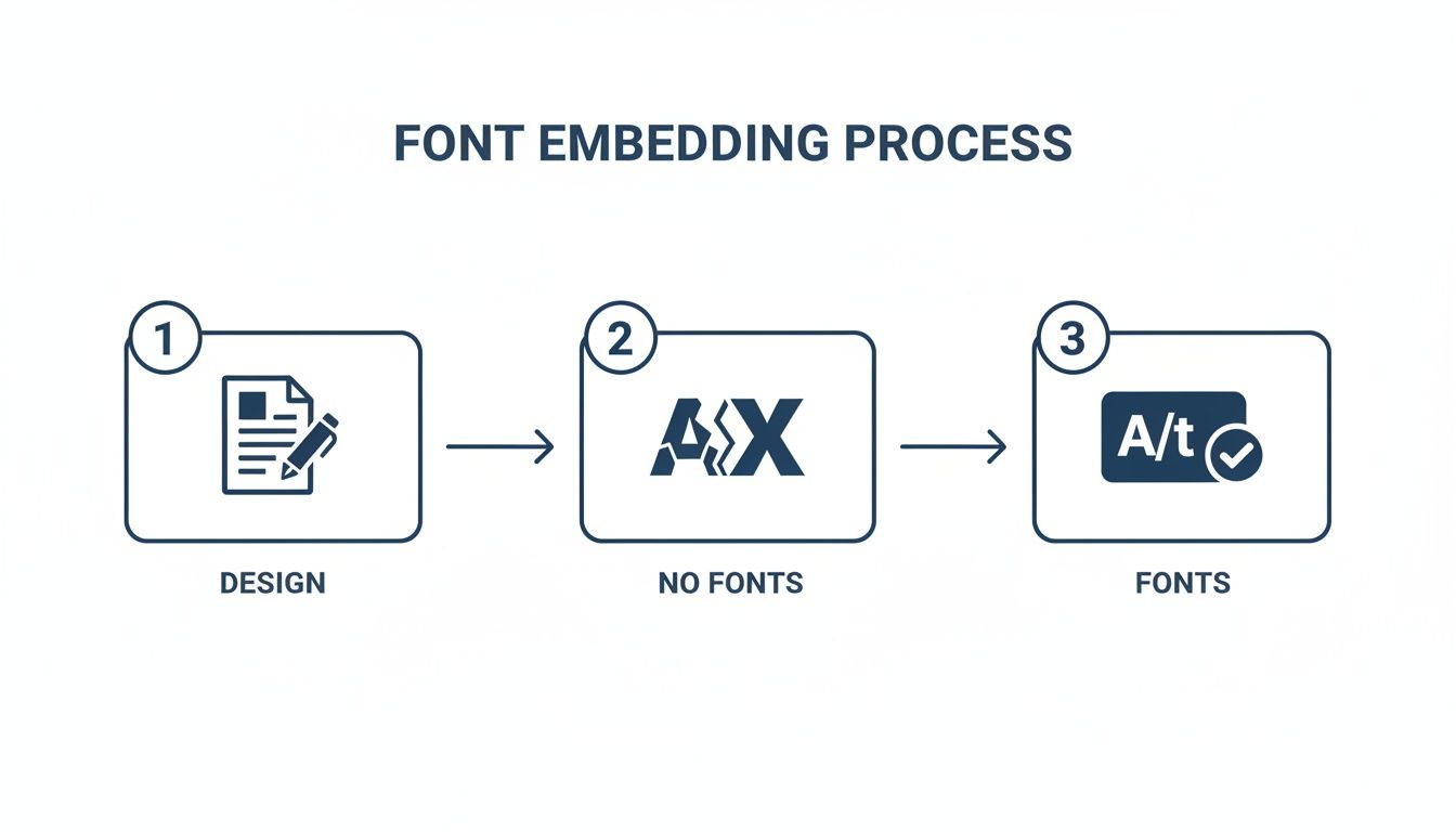 A three-step diagram illustrates the font embedding process, from initial design to embedded fonts.